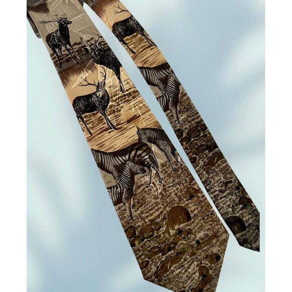 Florence & K Inc. Mens Tie Necktie Silk 4"x58" Zebra Elk Deer Gold Tan Black - Picture 1 of 7